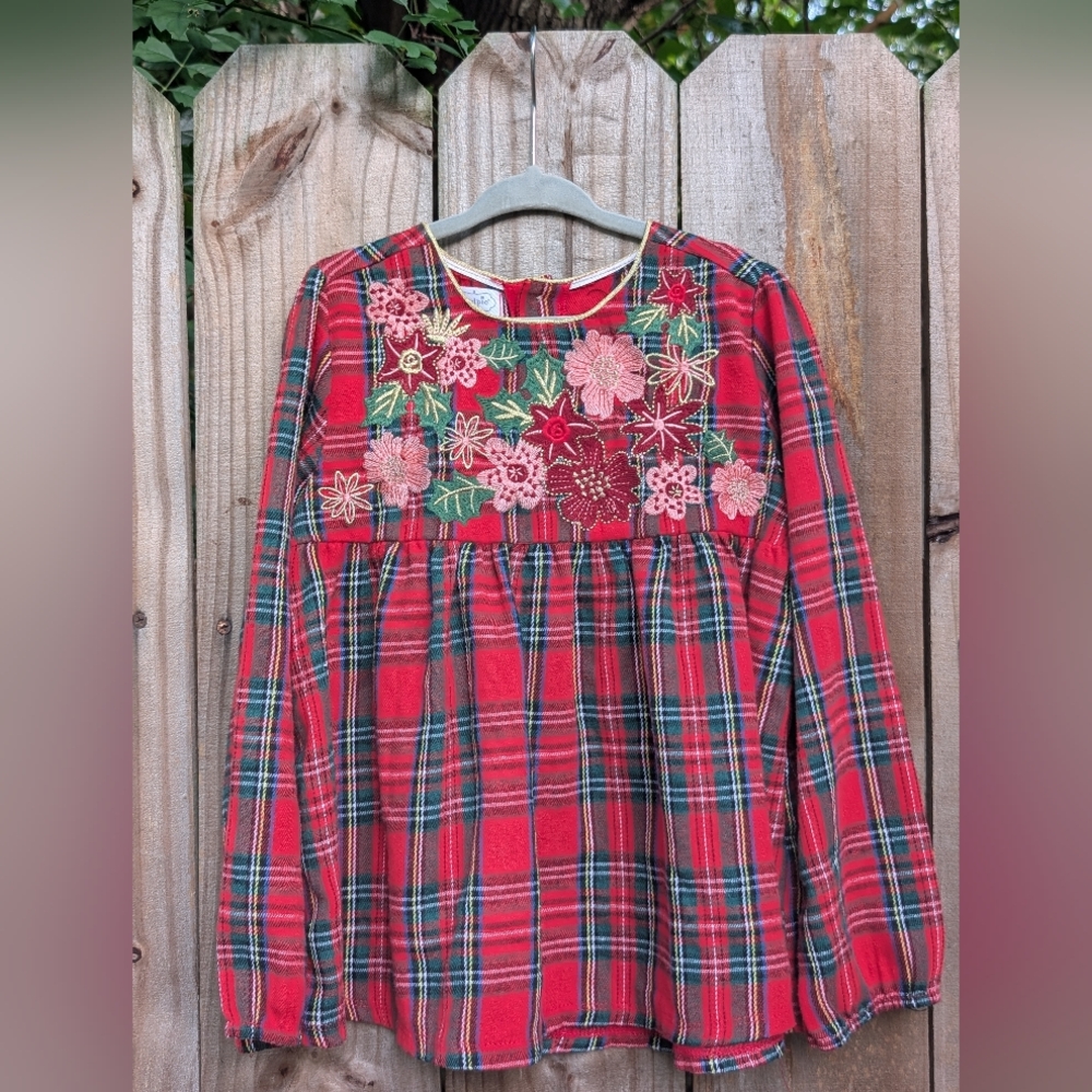 Mudpie Toddler Girls Red Plaid Floral Embroidered Tunic Top Holiday